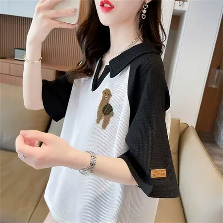 小众设计感短袖t恤女夏季韩版宽松华夫格短款撞色翻领polo衫上衣图片