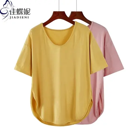 夏季新款韩版纯棉圆领宽松大码休闲中长款短袖体恤上衣纯色开叉女商品大图
