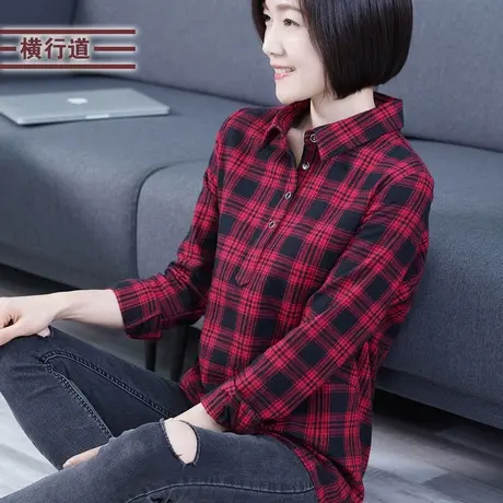 2025年春季纯棉黑白格子衬衫女士长袖宽松中长款上衣服衬衣外穿商品大图