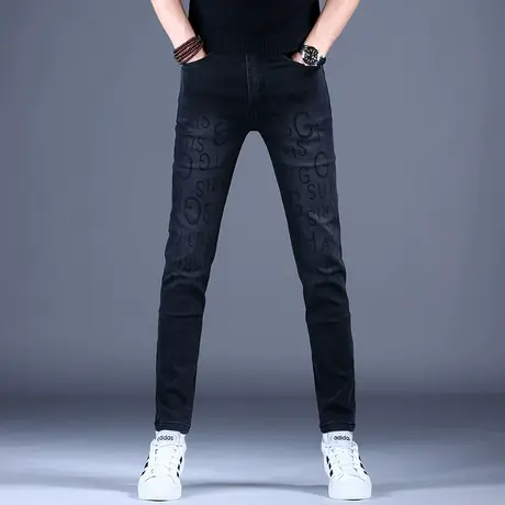 秋冬新款牛仔裤子黑色百搭修身字母印花小脚裤2023薄款男潮牌棉弹商品大图