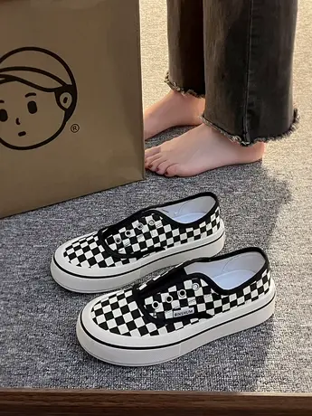 棋盘格休闲帆布鞋女2023夏季新款懒百搭软底懒人一脚蹬运动乐福鞋商品大图