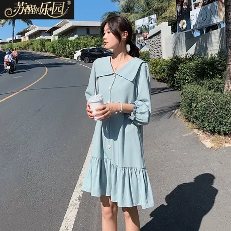 连衣裙女装春季2020新款韩版气质温柔风长袖小清新文艺荷叶边裙子图片