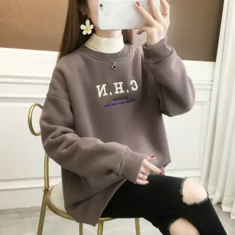 半高领银狐绒卫衣女秋冬季韩版宽松加绒加厚小个子假两件上衣外套商品大图