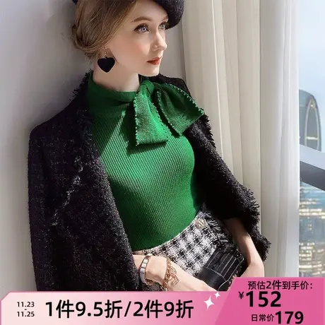 粉红大布娃娃针织打底衫女秋珍珠蝴蝶结半高领套头毛衣商品大图