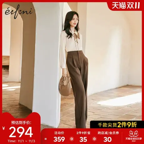 伊芙丽裤子女秋装2021年新款休闲裤高腰直筒阔腿裤显瘦初秋西裤女图片