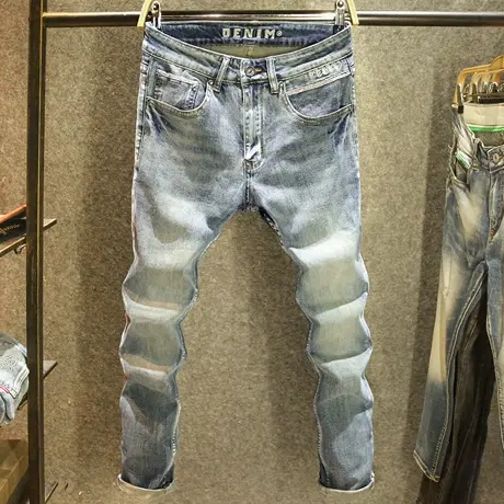 复古休闲牛仔裤男款修身小脚弹力长裤潮牌水洗磨白潮流百搭裤子男图片