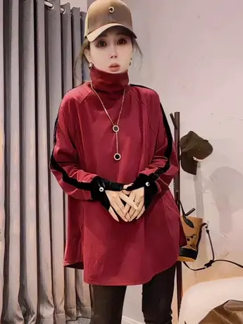 秋冬新款丝绒拼色袖口高领奥绒打底衫时尚长袖弹力休闲洋气百搭潮商品大图