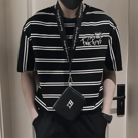 高级感条纹圆领短袖2023夏季款重磅个性t恤潮牌男士时尚半袖上衣商品大图