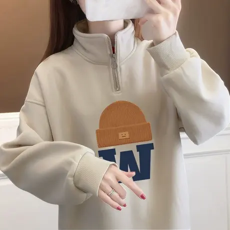 即墨卫衣女大码半拉链设计感上衣潮牌ins冬季加绒Polo领保暖外套图片