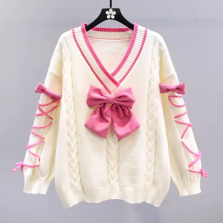 小清新蝴蝶结毛衣女冬季2023新款宽松学院风慵懒设计感针织衫上衣商品大图