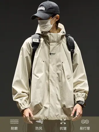 冲锋衣男日系潮牌宽松连帽登山服男士秋冬款美式休闲工装夹克外套商品大图