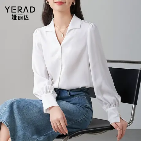 娅丽达法式通勤v领长袖衬衫女2024春季新款职业白色衬衣雪纺上衣商品大图