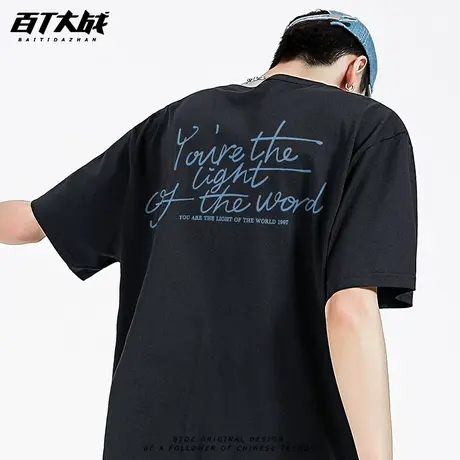 手写vintage美式字母短袖t恤男士纯棉大码落肩潮牌24新款情侣装女图片