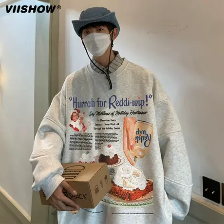 VIISHOW圆领美式复古外套卫衣男春季oversize小众设计感上衣潮牌商品大图