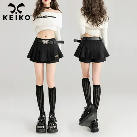 KEIKO甜辣妹黑色百褶短裙裤裙2024春夏酷感刺绣高腰显瘦a字半身裙图片