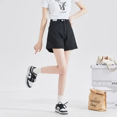 唐狮春夏季装女牛仔短裤宽松翻边高腰显瘦辣妹多扣显高潮流个性图片