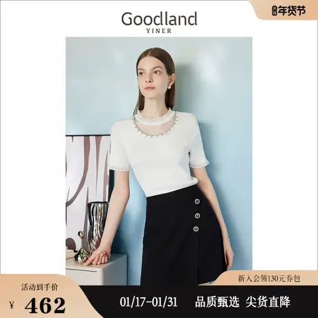【紫雾春城】Goodland美地女装2023夏季透明玻璃纱钉钻针织衫商品大图