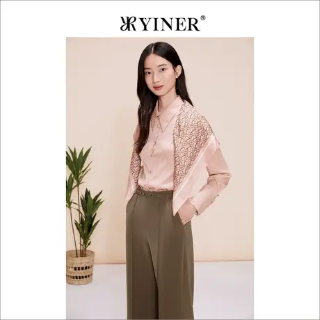 YINER音儿女装2023春季法式优雅提花尖领真丝衬衫上衣商品大图