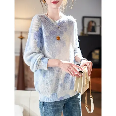 宝诗黎圆领钉珠亮丝针织衫2024新款慵懒百搭春季长袖休闲上衣女图片