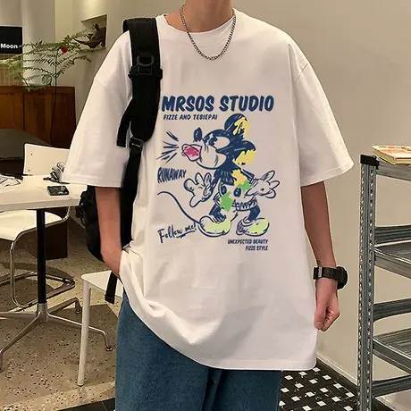 潮牌短袖T恤男夏季2024新款卡通印花男装宽松半袖纯棉港风体恤衫商品大图