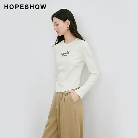 红袖立体字母绣撞色长袖hopeshow2024春季新款简约通勤百搭上衣商品大图