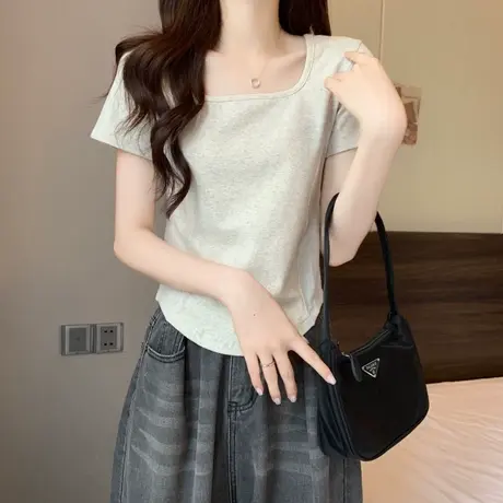 纯色简约早春夏装女短袖T恤2024新款修身打底衫短款方领修身上衣商品大图