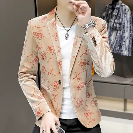 金丝绒西服男士春季复古潮流上衣痞帅韩版青年休闲时尚提花小西装商品大图