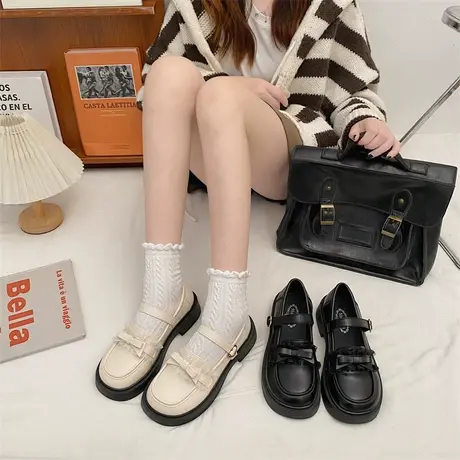 法式蝴蝶结玛丽珍鞋女2024新款时尚百搭浅口单鞋英伦风粗跟小皮鞋商品大图