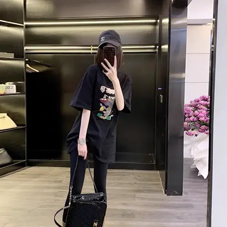 黑色纯棉短袖t恤2024新款宽松大版设计小众夏季独特别致半袖上衣商品大图