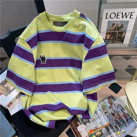 美式复古刺绣小怪兽条纹短袖t恤男女夏季vintage国潮正肩半袖上衣图片