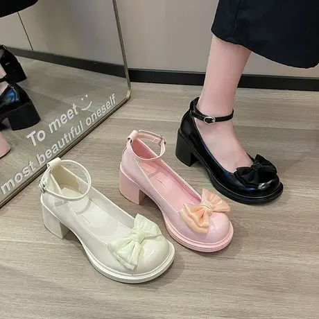 法式粗跟乐福鞋女2024年春夏季新款蝴蝶结浅口单鞋英伦风小皮鞋潮商品大图