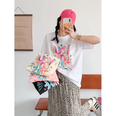 流行网红款多巴胺穿搭短袖t恤女2024年韩版夏装圆领纯棉印花半袖图片