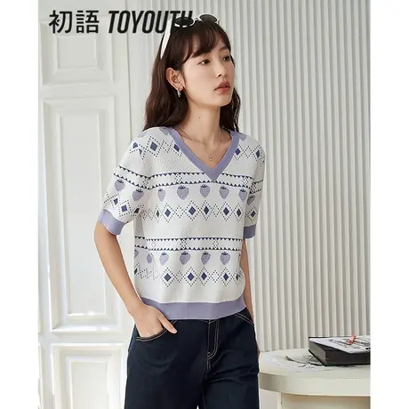 TOYOUTH初语冰丝针织衫女2023年夏季新款水果草莓撞色边V领上衣图片