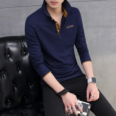 男士翻领t恤长袖春秋装大码polo衫男装春秋季打底衫有带领上衣服商品大图