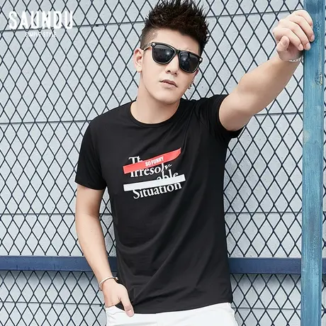 2023夏季新款短袖t恤男士莫代尔印花上衣服修身圆领黑色冰丝半袖商品大图