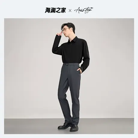 HLA/海澜之家先锋系列长袖衬衫秋季款黑色舒适弹力字母刺绣衬衣男图片