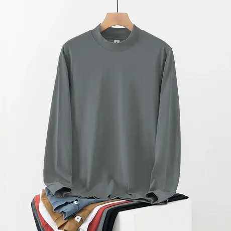 240g重磅纯棉长袖t恤男装秋季小衫半高领内搭打底衫纯色中领秋衣商品大图