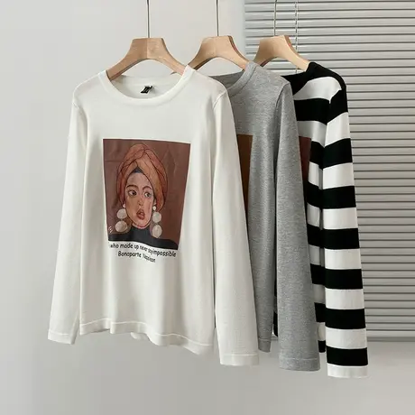 伊自尚2023新款韩版胖mm大码女装秋季休闲时尚印花长袖针织衫上衣商品大图