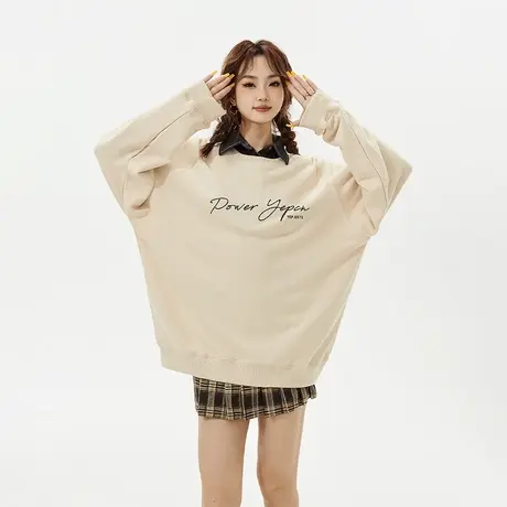 YEP美式插肩袖无帽卫衣女春秋2023新款复古套头宽松oversize外套商品大图