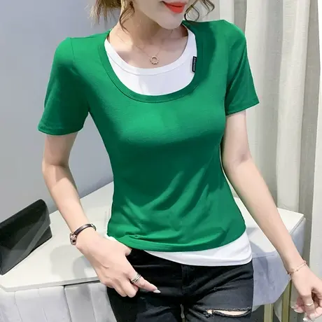 时尚撞色T恤女短袖夏设计感拼接假两件上衣洋气修身丅恤半袖ins潮商品大图