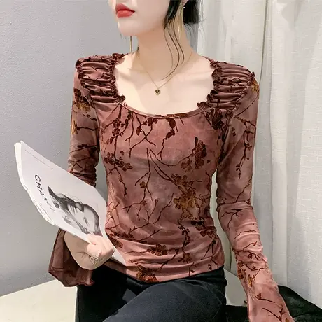 秋季新款网纱T恤女长袖欧货减龄扎染印花上衣气质修身收腰打底衫商品大图