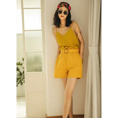 夏季休闲短裤a字小个子黄色高腰花苞裤女波西米亚阔腿裤纯棉裤子图片