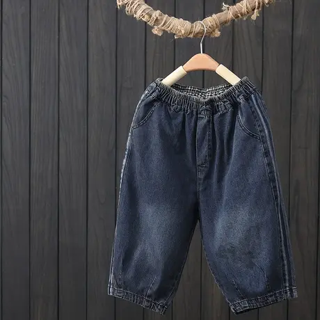 复古水洗五分牛仔裤女士夏季新款松紧腰宽松哈伦裤休闲百搭六分裤图片