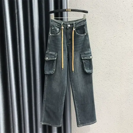 抽绳设计个性口袋高腰工装长裤欧货女秋新款显瘦休闲牛仔直筒裤潮商品大图