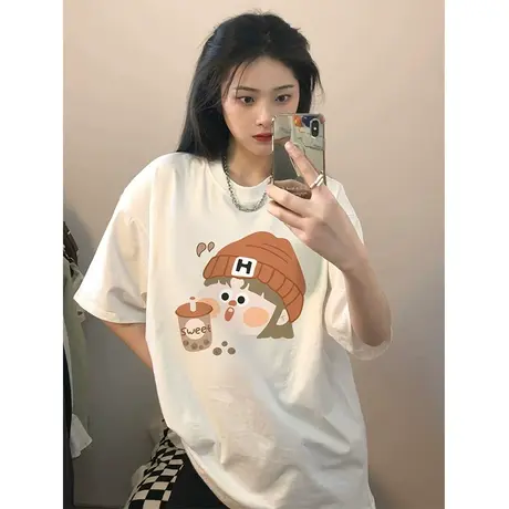 美式复古纯棉正肩短袖t恤女夏季宽松原宿风设计感小众半袖上衣服商品大图