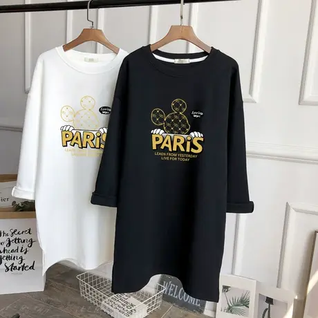 长袖t恤女中长款韩版宽松休闲百搭上衣磨毛加厚2022新款秋冬内搭商品大图