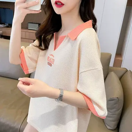 华夫格短袖t恤女2023新款夏季韩版宽松翻领polo衫半袖假两件上衣图片