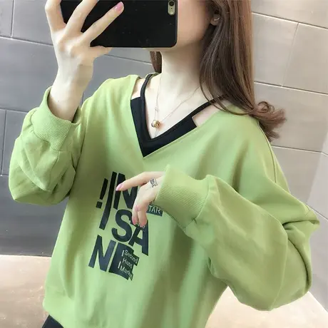 早秋卫衣女春秋季韩版宽松设计感小众v领露肩小个子薄款上衣外套图片