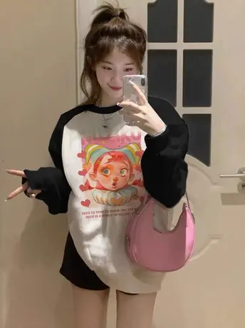 插肩袖圆领卫衣女春秋薄款小众设计感oversize美式复古长袖上衣潮商品大图