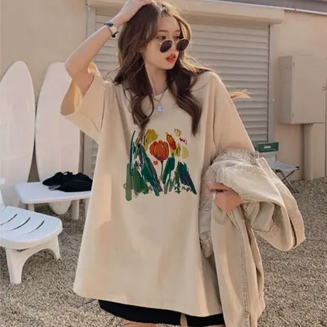 国潮卡其色短袖t恤女别致手绘设计感印花宽松纯棉大码上衣显瘦ins商品大图